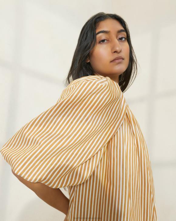 Clothes Brown Stripe Loeffler Randall 044J175 Women Mimi Stripe Oversized Puff-Sleeve Dress