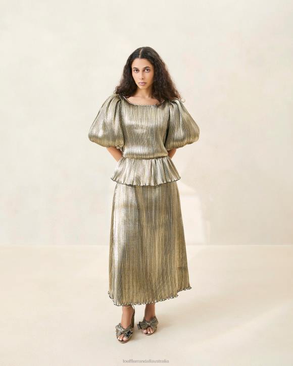Clothes Dark Gold Loeffler Randall 044J194 Women Dorit Puff-Sleeve Pleated Dress