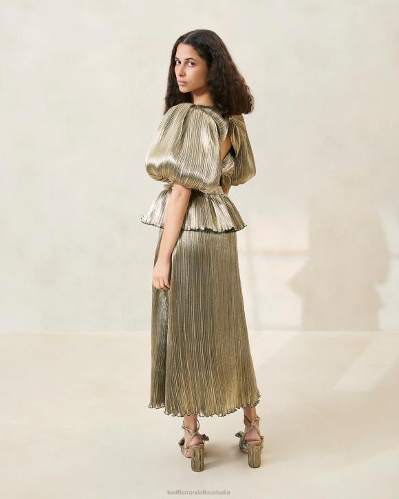 Clothes Dark Gold Loeffler Randall 044J194 Women Dorit Puff-Sleeve Pleated Dress