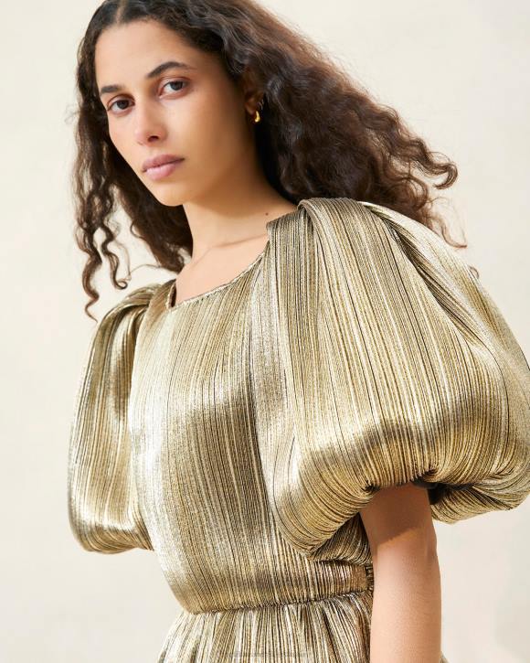 Clothes Dark Gold Loeffler Randall 044J194 Women Dorit Puff-Sleeve Pleated Dress