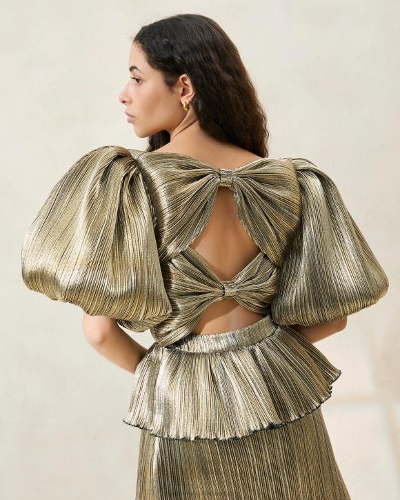 Clothes Dark Gold Loeffler Randall 044J194 Women Dorit Puff-Sleeve Pleated Dress