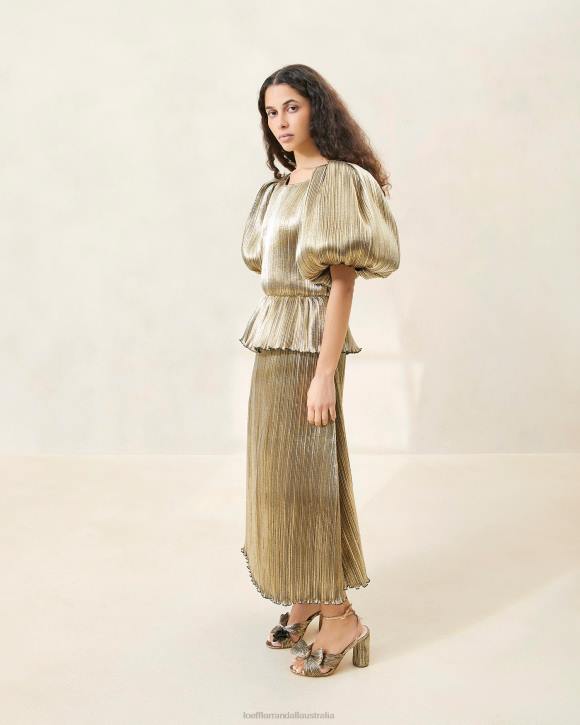 Clothes Dark Gold Loeffler Randall 044J194 Women Dorit Puff-Sleeve Pleated Dress