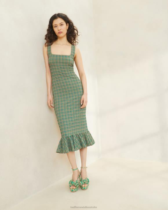 Clothes Green/Butterscotch Plaid Loeffler Randall 044J188 Women Yessica Ruffle-Hem Tank Dress