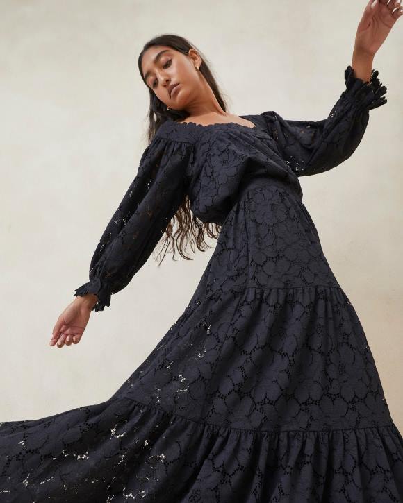 Clothes Black Loeffler Randall 044J243 Women Luna Lace Tiered Skirt