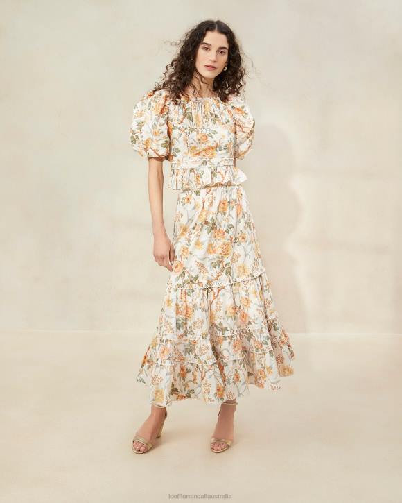 Clothes Cream Botanical Floral Loeffler Randall 044J224 Women Ellie Scalloped Midi Skirt