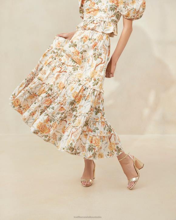 Clothes Cream Botanical Floral Loeffler Randall 044J224 Women Ellie Scalloped Midi Skirt