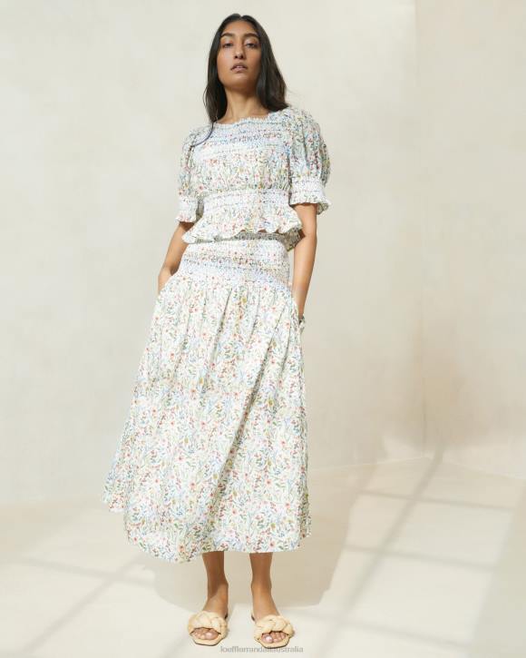 Clothes Cream/Clover/Poppy Multi Floral Loeffler Randall 044J218 Women Theodora Cinched-Waist Midi Skirt