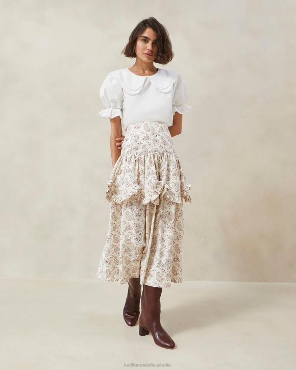 Clothes Cream Paisley Floral Loeffler Randall 044J240 Women Milo Paisley Scalloped Ruffle Skirt