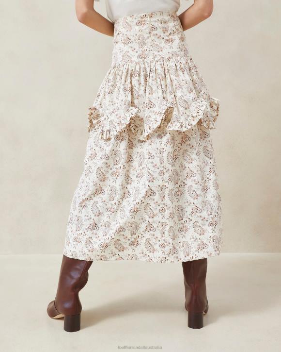 Clothes Cream Paisley Floral Loeffler Randall 044J240 Women Milo Paisley Scalloped Ruffle Skirt