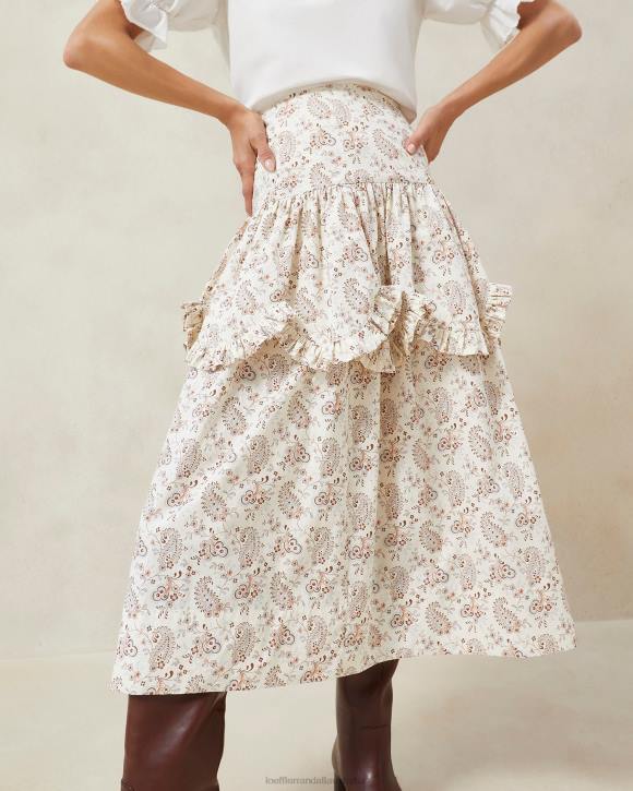 Clothes Cream Paisley Floral Loeffler Randall 044J240 Women Milo Paisley Scalloped Ruffle Skirt