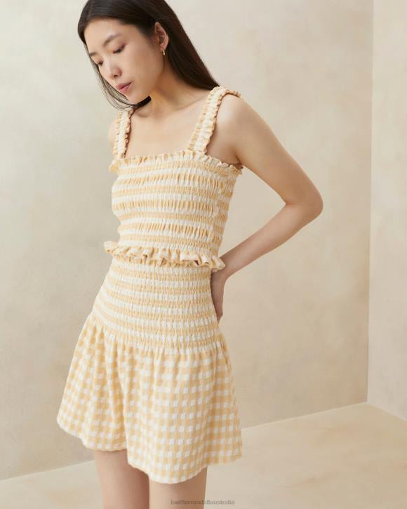 Clothes Tan Gingham Loeffler Randall 044J253 Women Siena Smocked Skirt
