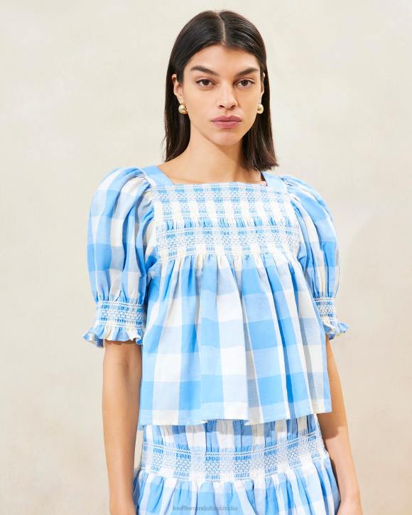 Clothes Blue Gingham Loeffler Randall 044J199 Women Lydie Smocked Top