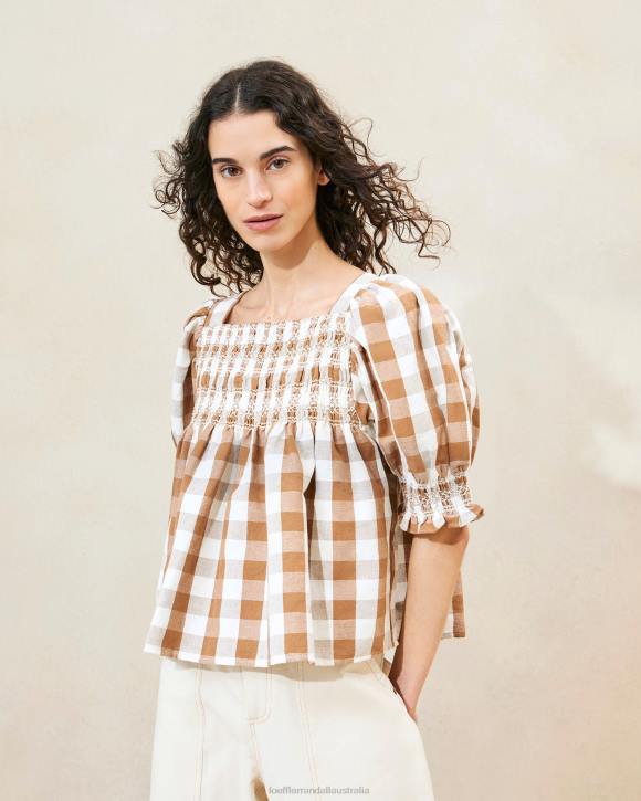 Clothes Brown Gingham Loeffler Randall 044J210 Women Lydie Smocked Top