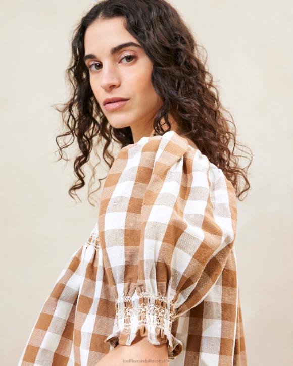 Clothes Brown Gingham Loeffler Randall 044J210 Women Lydie Smocked Top