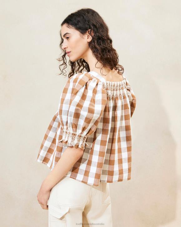 Clothes Brown Gingham Loeffler Randall 044J210 Women Lydie Smocked Top