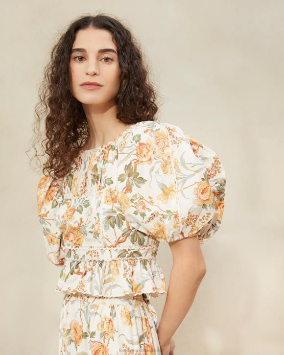 Clothes Cream Botanical Floral Loeffler Randall 044J206 Women Anna Puff-Sleeve Peplum Top