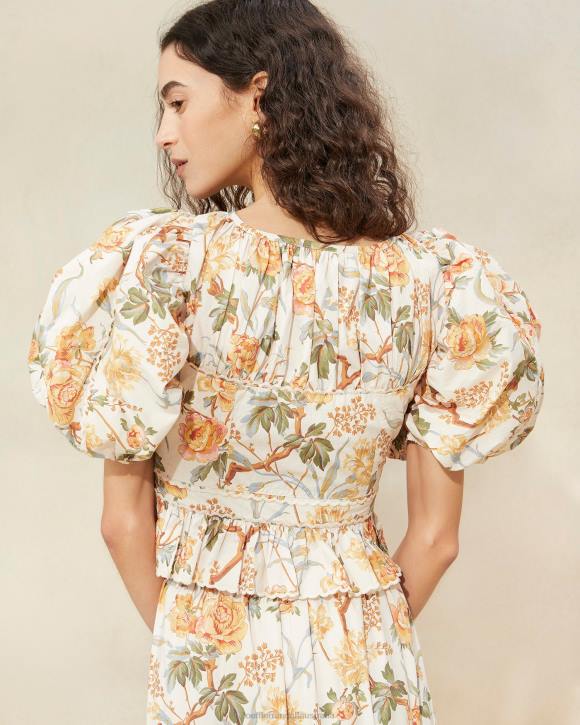 Clothes Cream Botanical Floral Loeffler Randall 044J206 Women Anna Puff-Sleeve Peplum Top