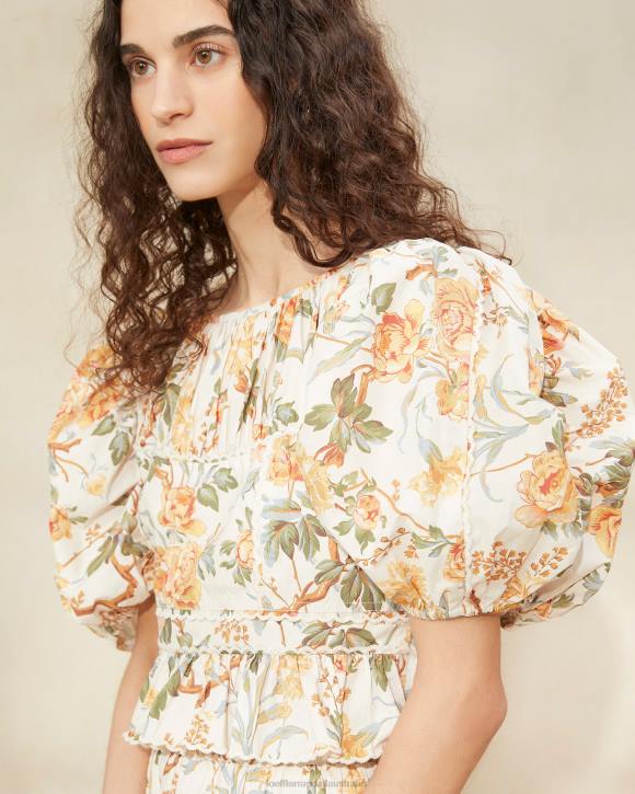 Clothes Cream Botanical Floral Loeffler Randall 044J206 Women Anna Puff-Sleeve Peplum Top