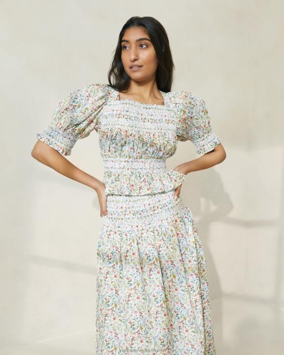 Clothes Cream/Clover/Poppy Multi Floral Loeffler Randall 044J200 Women Nicola Puff-Sleeve Cinched Blouse