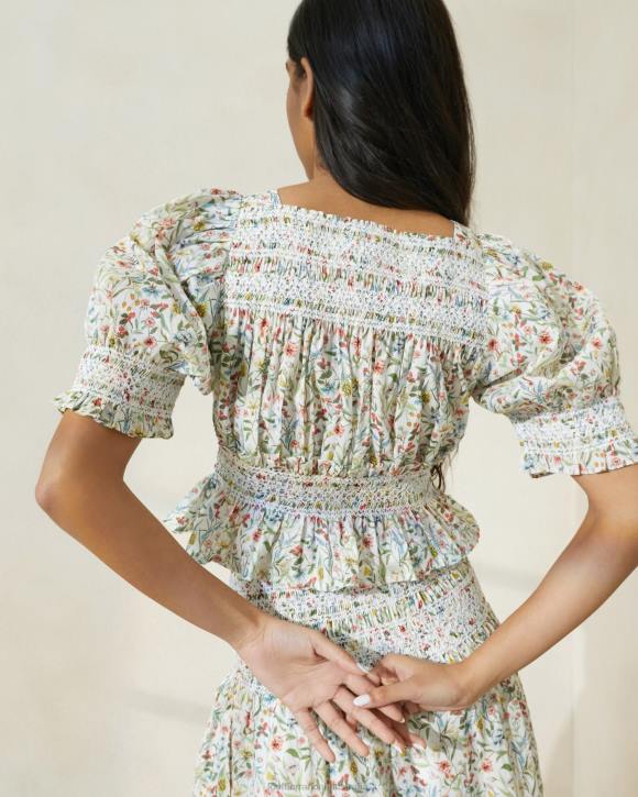 Clothes Cream/Clover/Poppy Multi Floral Loeffler Randall 044J200 Women Nicola Puff-Sleeve Cinched Blouse