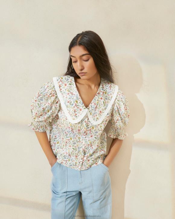 Clothes Cream/Clover/Poppy Multi Floral Loeffler Randall 044J202 Women Chantal Puff-Sleeve Blouse