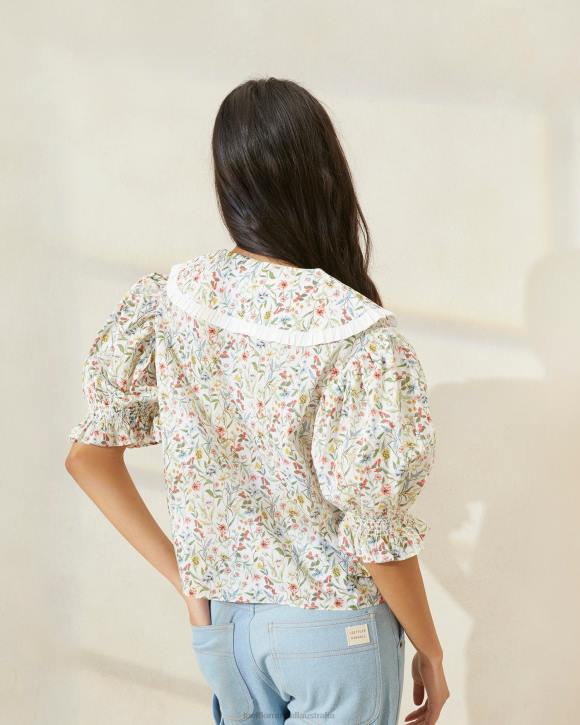 Clothes Cream/Clover/Poppy Multi Floral Loeffler Randall 044J202 Women Chantal Puff-Sleeve Blouse