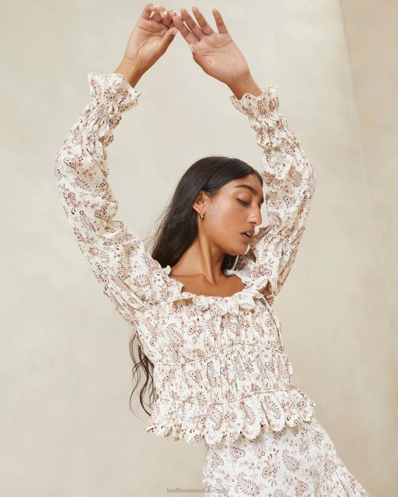 Clothes Cream Paisley Floral Loeffler Randall 044J239 Women Misha Paisley Wavy Ruffle Top