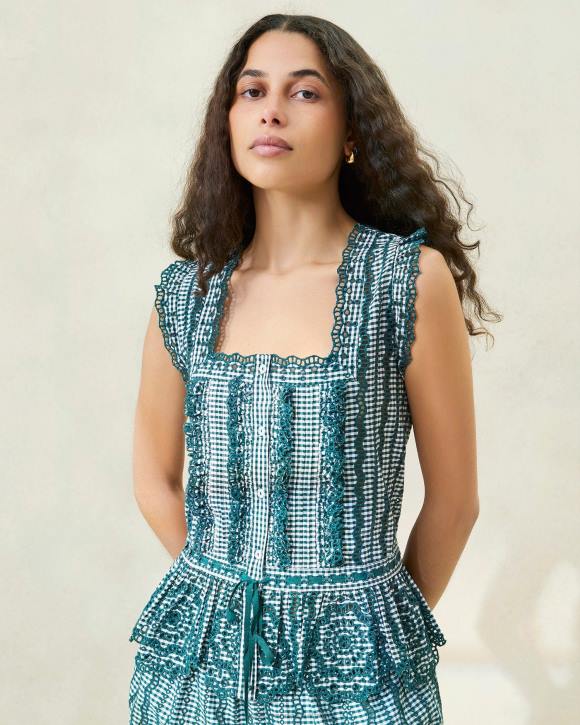 Clothes Mini Green Gingham Loeffler Randall 044J204 Women Arden Scalloped Blouse