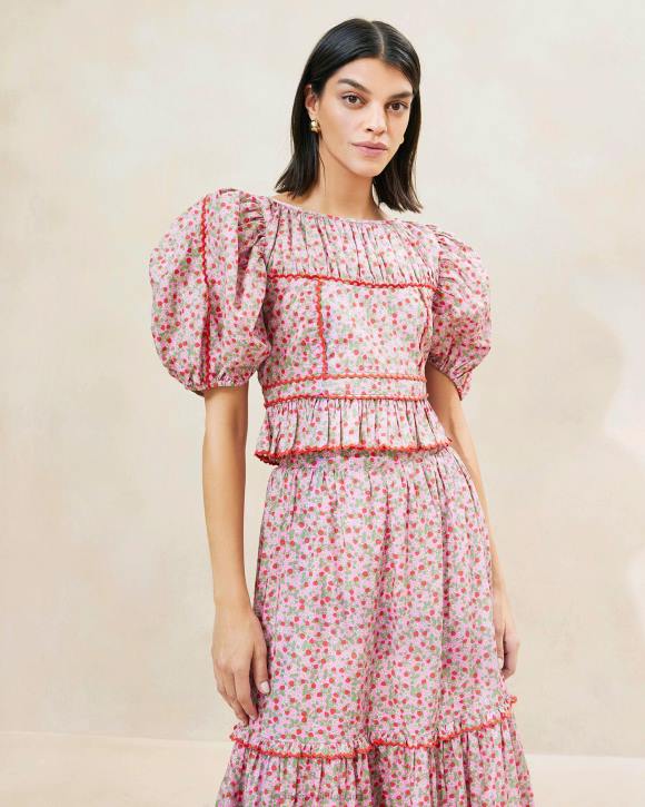 Clothes Strawberry Print Loeffler Randall 044J205 Women Anna Strawberry Puff-Sleeve Peplum Top