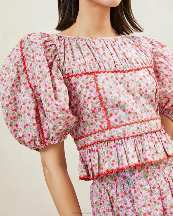 Clothes Strawberry Print Loeffler Randall 044J205 Women Anna Strawberry Puff-Sleeve Peplum Top