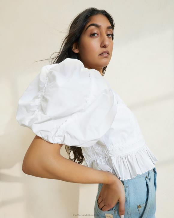 Clothes White Loeffler Randall 044J201 Women Anna Puff-Sleeve Peplum Top